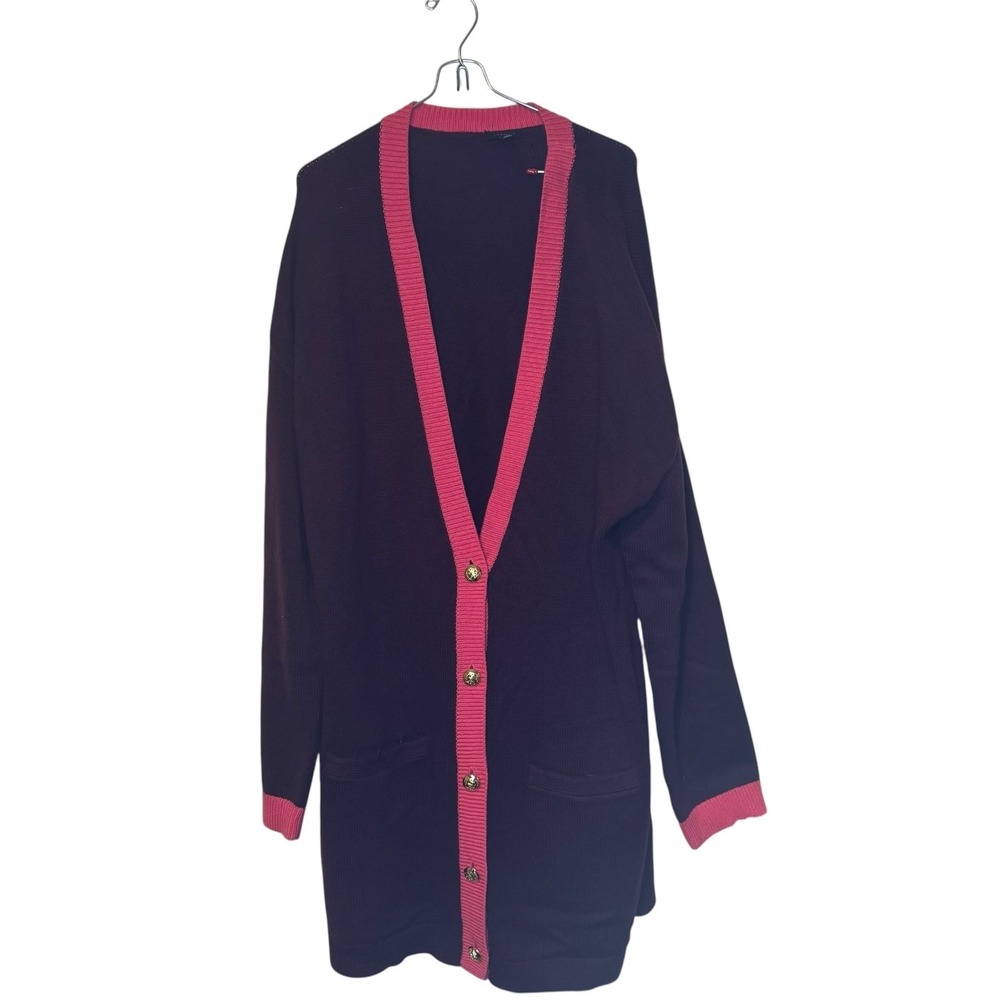 Talbots Women's Cardigan Sweater Knitted Pockets Preppy Gold Button Pink Trim XL